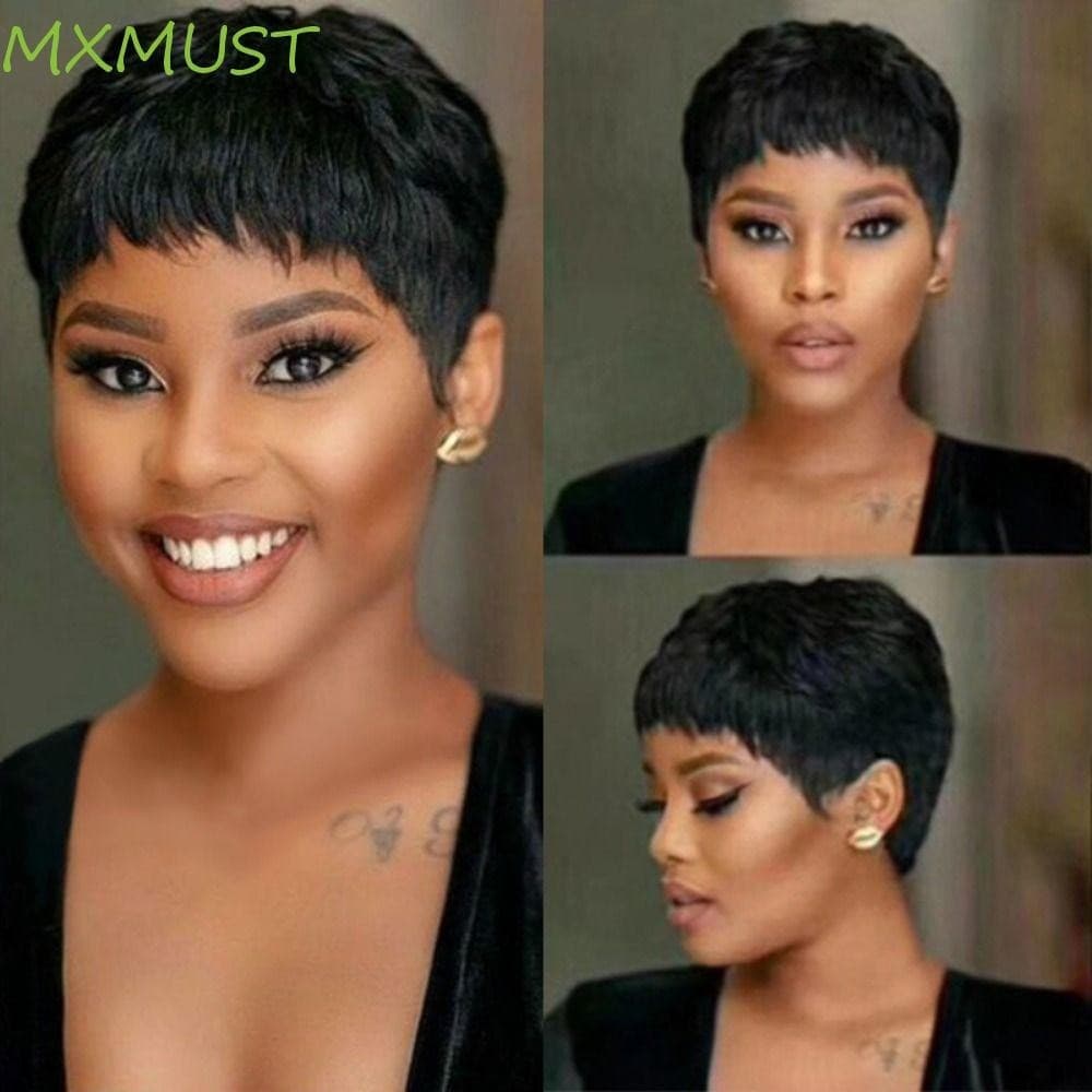MXMUST Peruca Curta Reta , Africa Cabelo Falso Pixie Cut , Extensão De Perucas Sintéticas Naturais Com Franja
