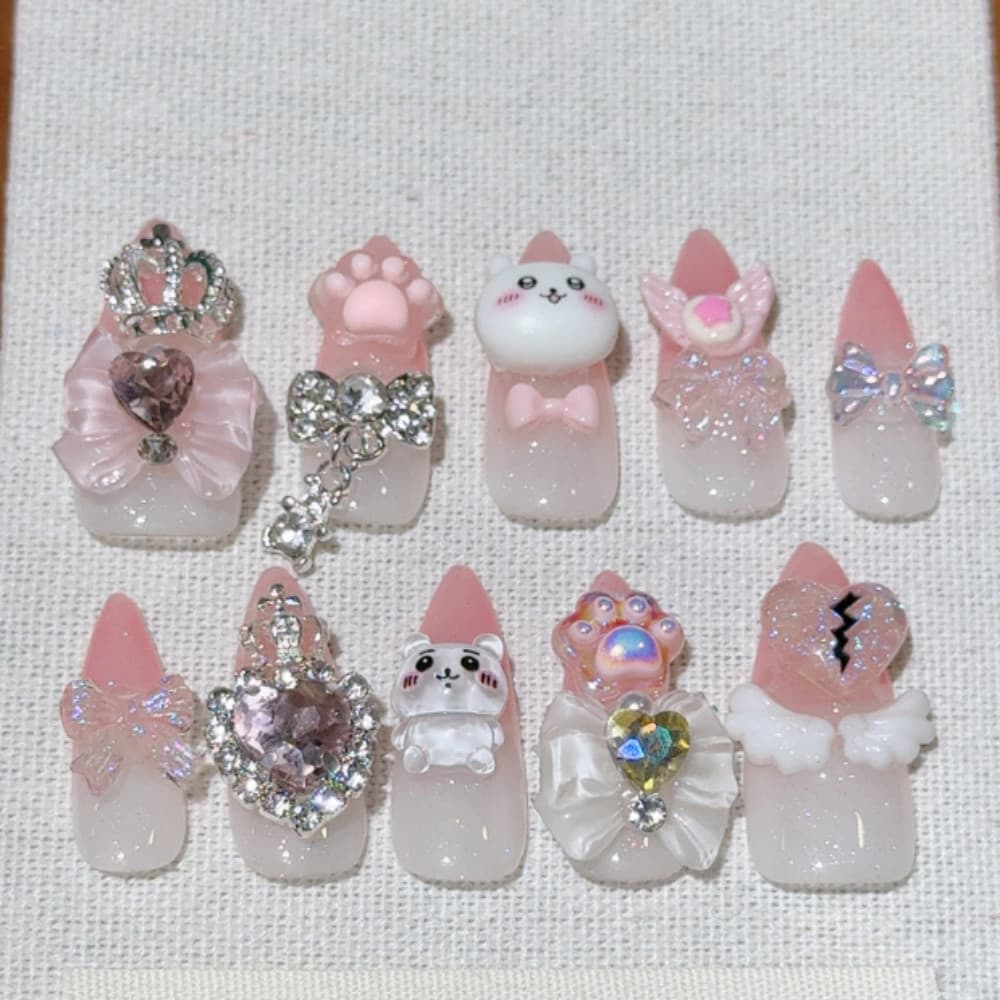 Chiikawa Hachiware Euagi Kawaii Unhas Artificiais Bonito Y2K Menhera Ponta Curta Falsas Gato Garra Arco Diamante Imprens