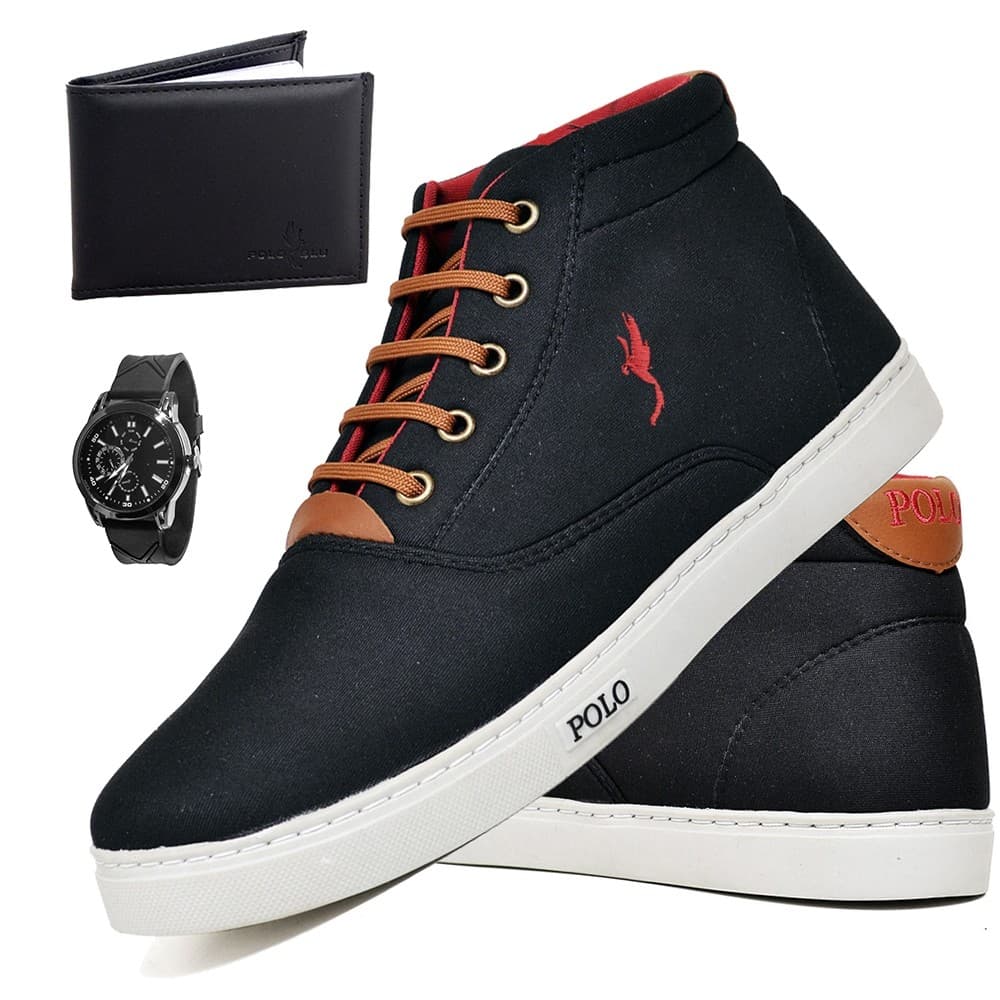 Sapatênis Masculino Casual Botinha Polo Blu Confortável com Relógio Analógico + Carteira do 37 ao 46