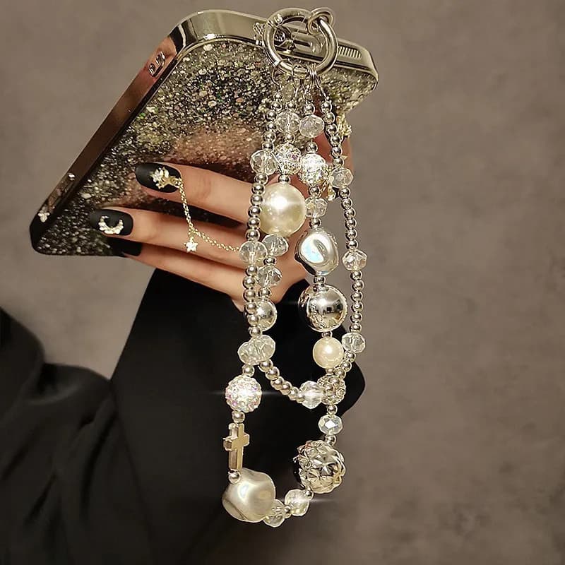 Luxo Retro Strass Pérola Frisado Chaveiro Pulseira Cordão Telefone Charme Câmera Do Móvel Alça De Pulso Anti-Perdido Pin