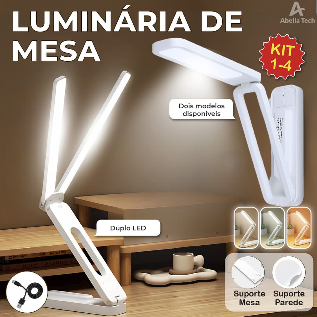 Luminária de Mesa Abajur Led Dobrável 3 Tons de luz suporte articulado USB Bivolt 2 Modelos