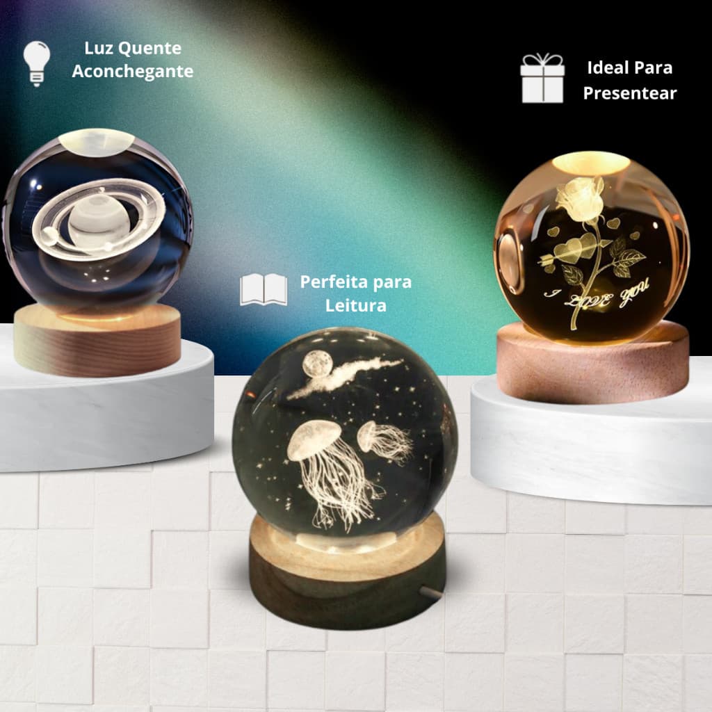 Luminária Decorativa Led de Mesa Globo de Vidro Base de Madeira 3D Abajur Decoração