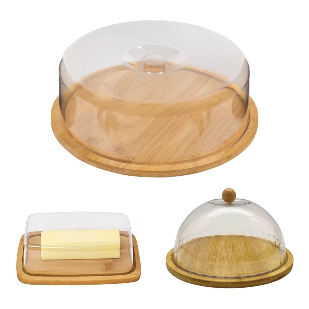 Kit Café Da Manhã Boleira Manteigueira Queijeira Bambu Design Sofisticado Resistente