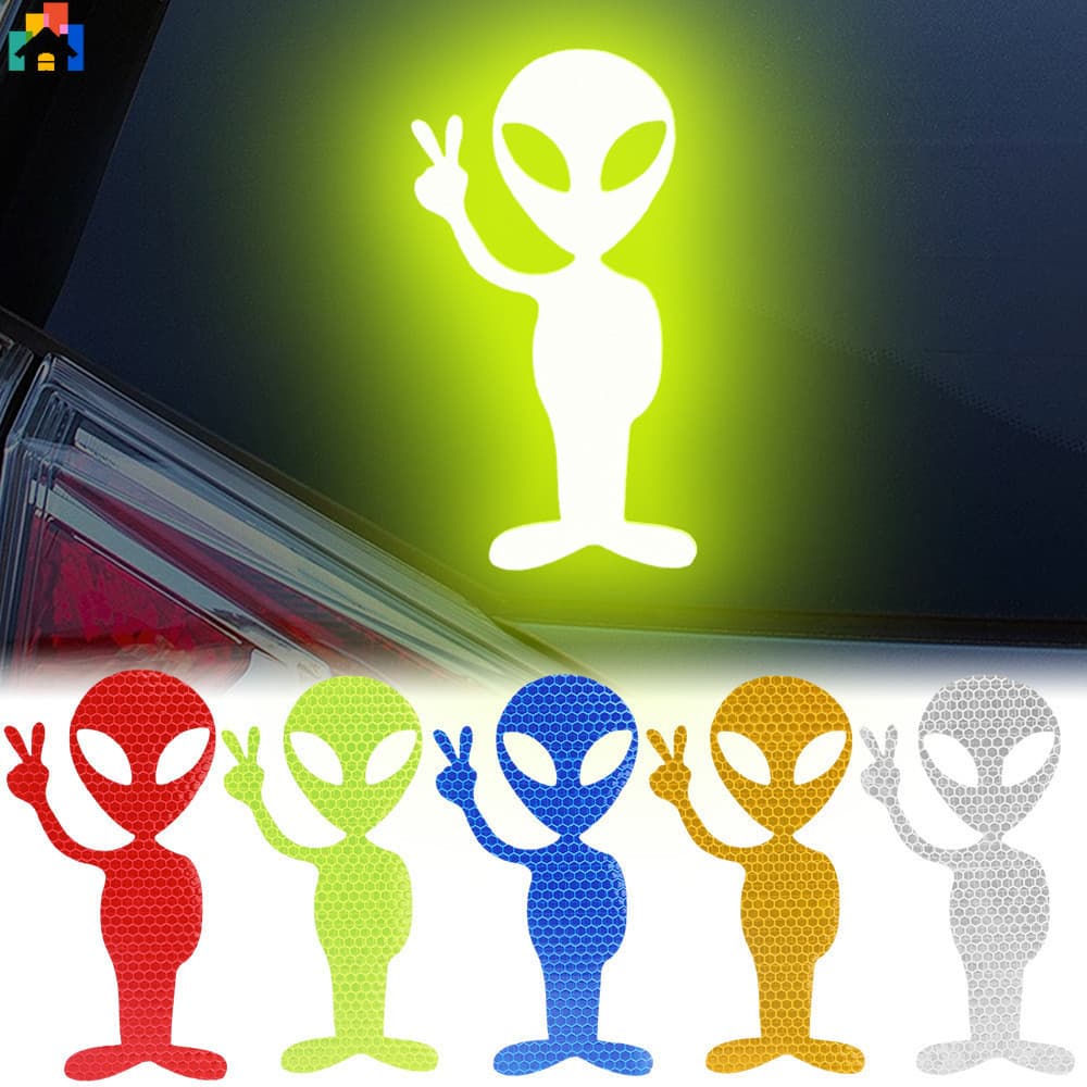 2Pcs Creative Car Reflect Light Stickers Personalidade Autocolantes Moda Alienígena Paz Altamente Refletiva Decalques Resistentes Ao Desgaste De Motocicletas Acessórios