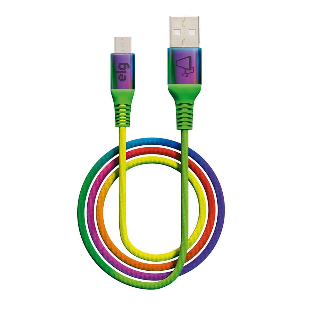 Cabo Micro USB Sincronização e Recarga 12W 2.4A, Nylon Trançado, 1 metro, Multicolorido, M510RB, ELG