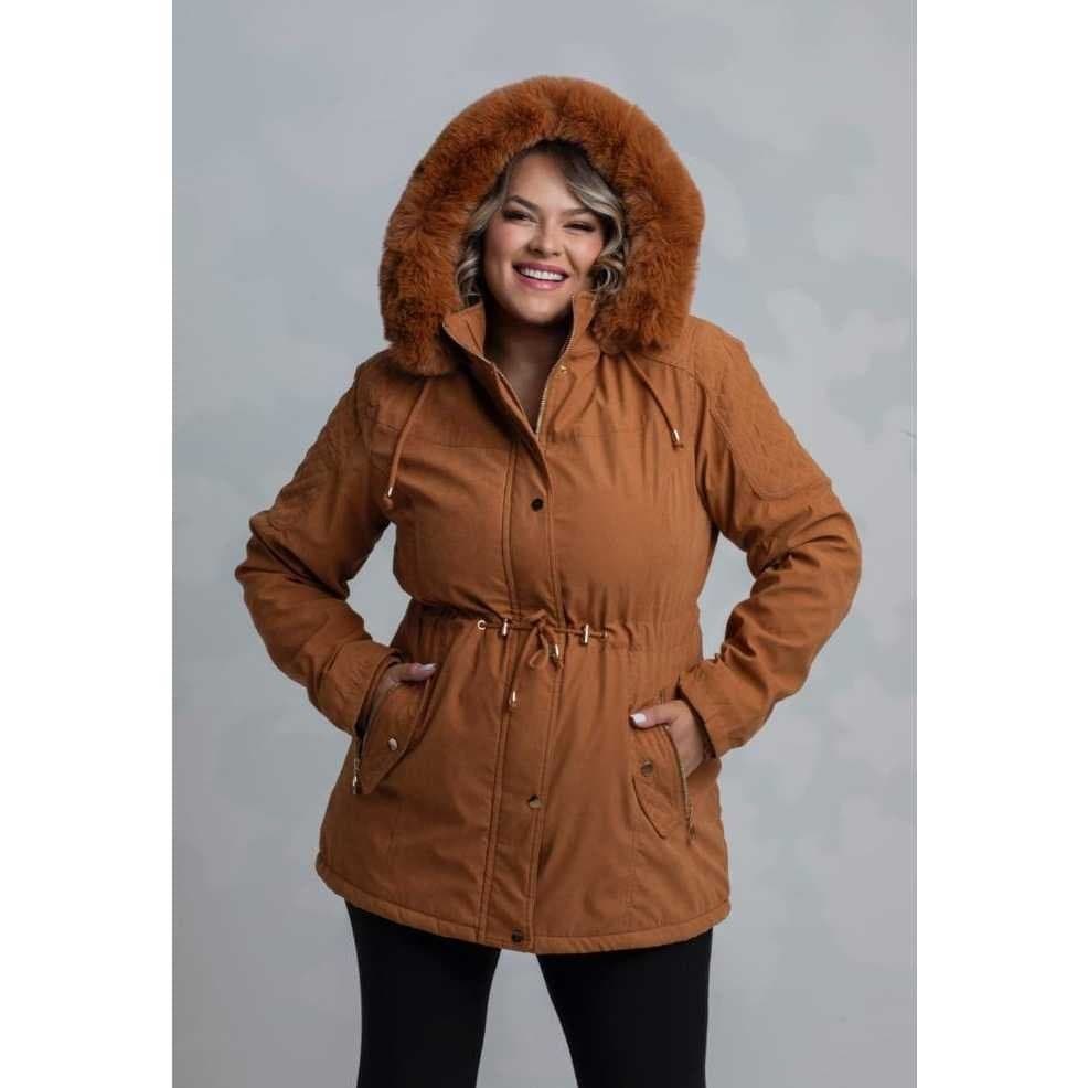 Parka Jaqueta Casaco Plus Size de Sarja Forrada com Pelinho Por Dentro feminina