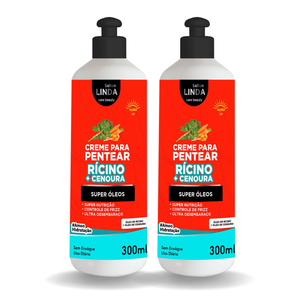 Kit 2 Cremes para Pentear Rícino + Cenoura 300ml  Ultra Brilho e Nutrição Para os Cabelos Sallon Linda
