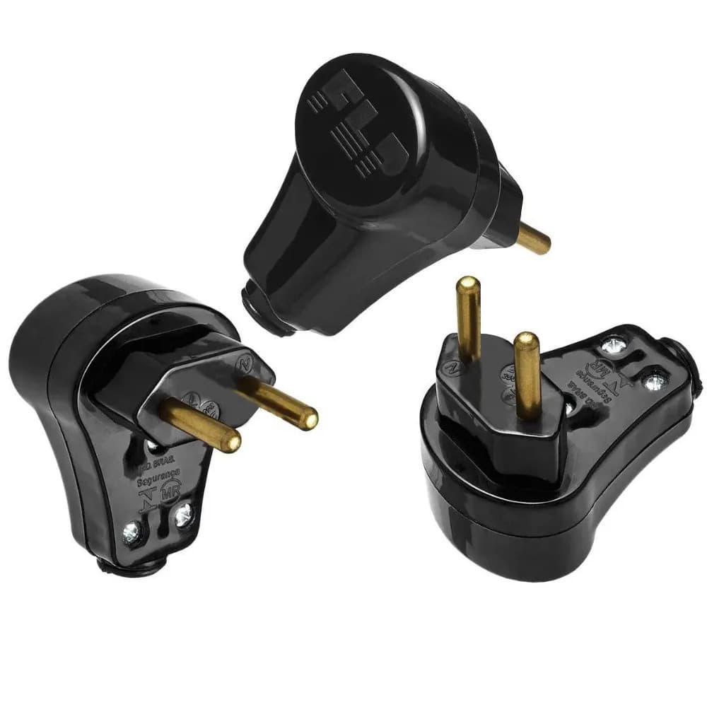 Kit 5 Plugue Nbr Preto Cabo 90º 127v e 250v Macho Prensa Pino 2p 10A