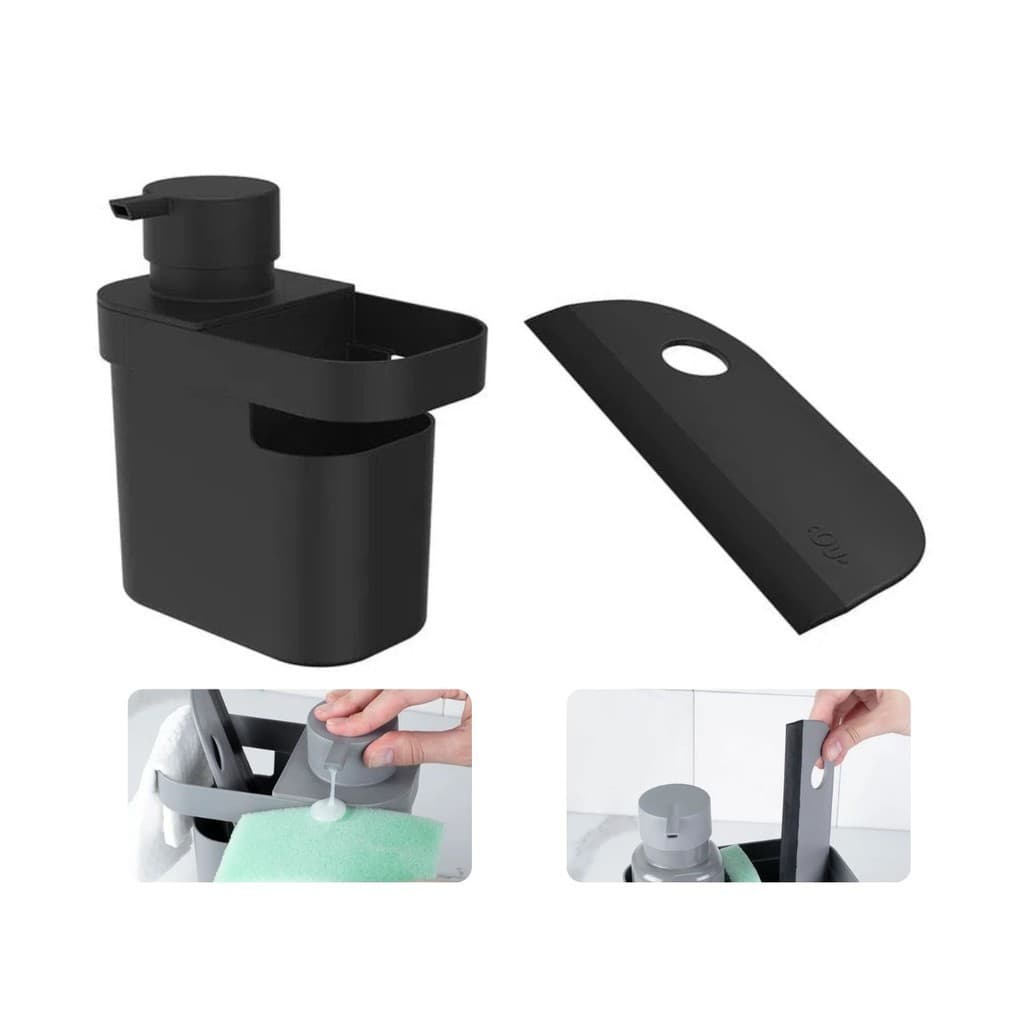 Kit Dispenser Porta Detergente Organizador Utensílios Rodo Bancada Pia Cozinha - Ou - Preto
