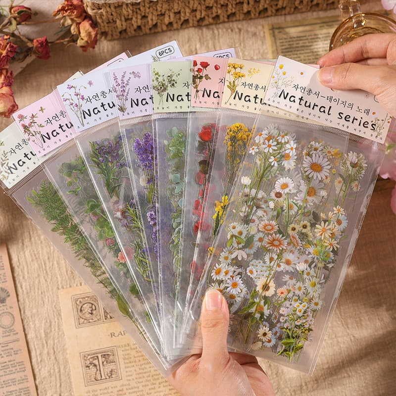 6 Folhas Autocolantes Decorativos Flores De Material De Bricolage Série Vintage Botanical Flower
