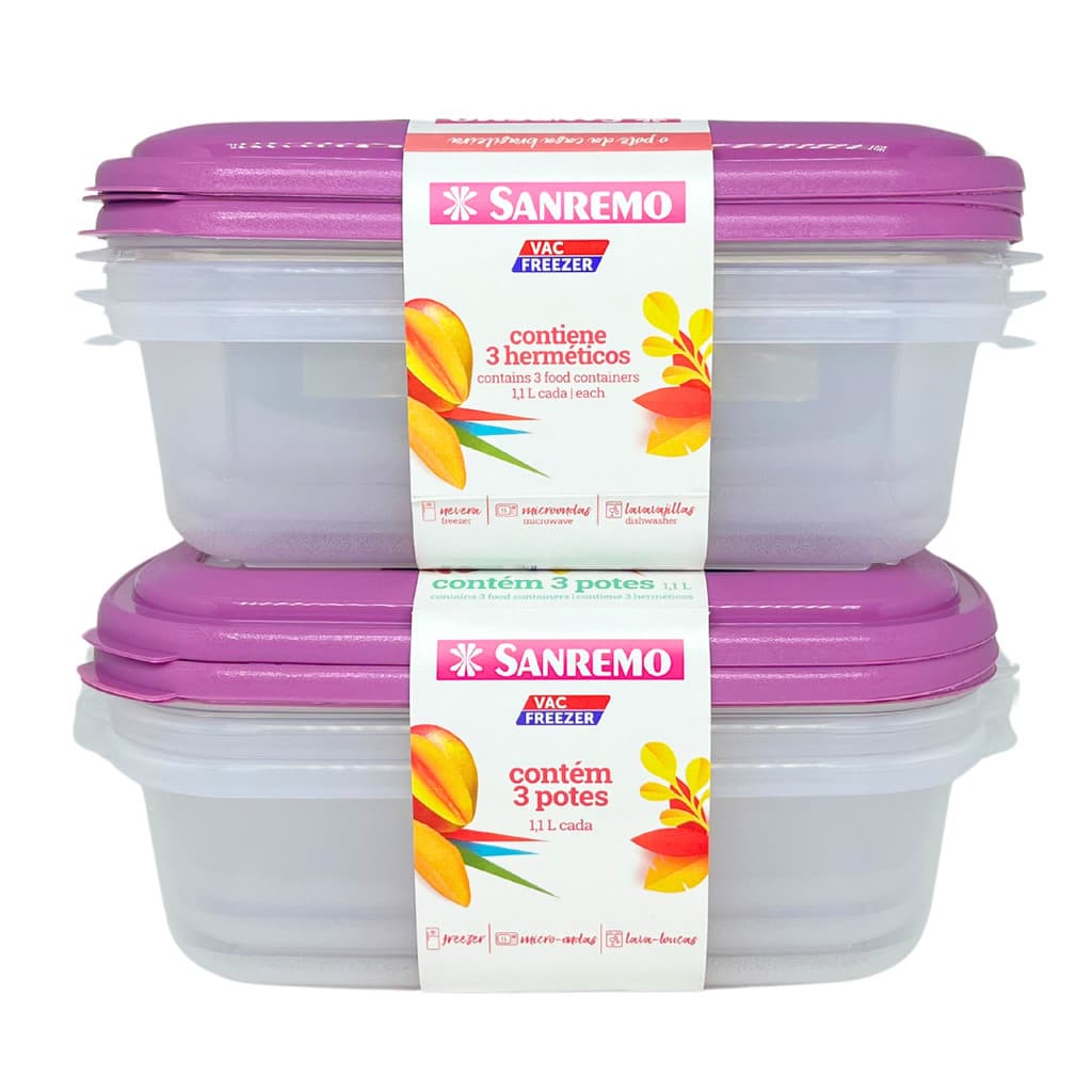 Kit 6 Potes Pástico Retangulares Resistente Micro-Ondas 1,1L Sanremo