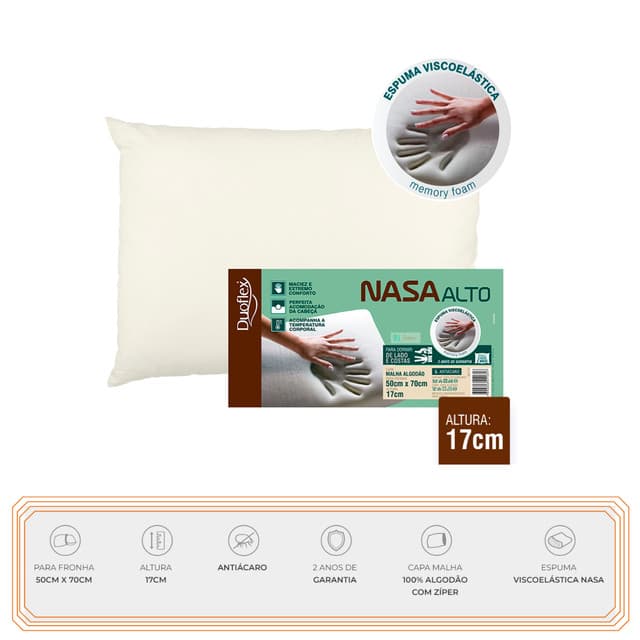 Travesseiro Nasa Alto Duoflex Qualidade e Conforto da Espuma Viscoelástica Total Proteção Antiácaros