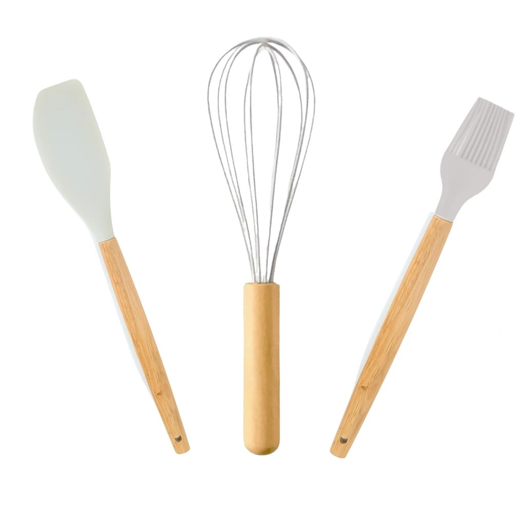 Kit 3 Utensílios Cozinha Espatula+Pincel+Batedor Ovos Fue Cinza Claro Cabo Madeira