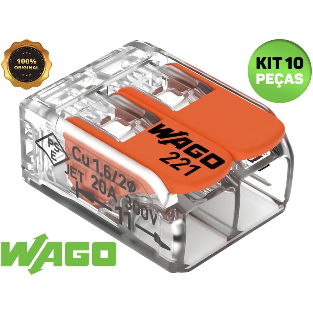 Kit 3, 5, 10 e 20 Conector Elétrico 221-412 Emenda Wago 2 vias 32A Original 4mm² e 6mm² Chuveiro Tomada