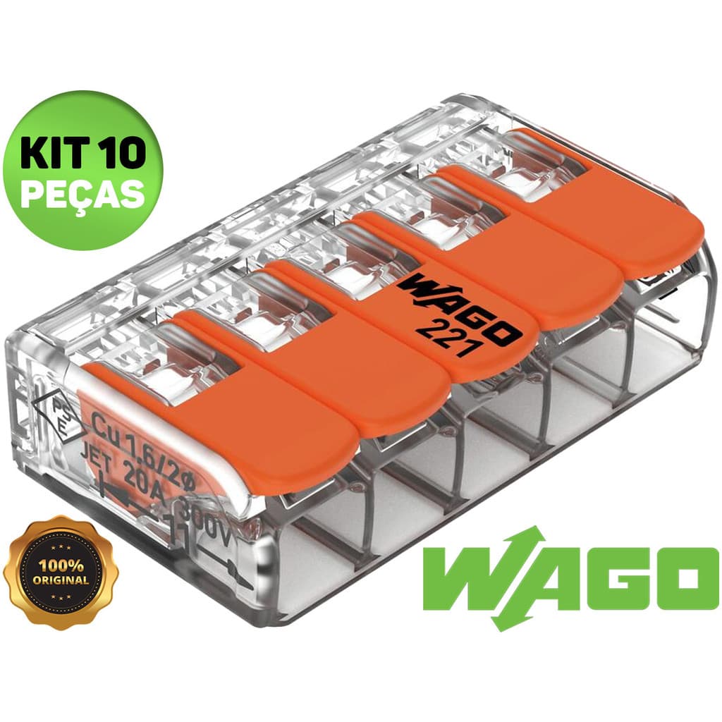 Kit 3, 5, 10 e 20 Conector Elétrico 221-415 Emenda Wago 5 Vias 32A Original 4mm² e 6mm² Fio Chuveiro Tomada