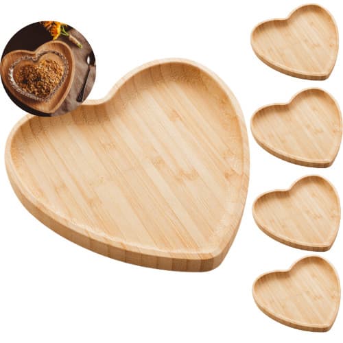 Kit 4 Bandejas Travessa Pires Petisqueira de Bambu Heart Coração 12,5cm - Lyor