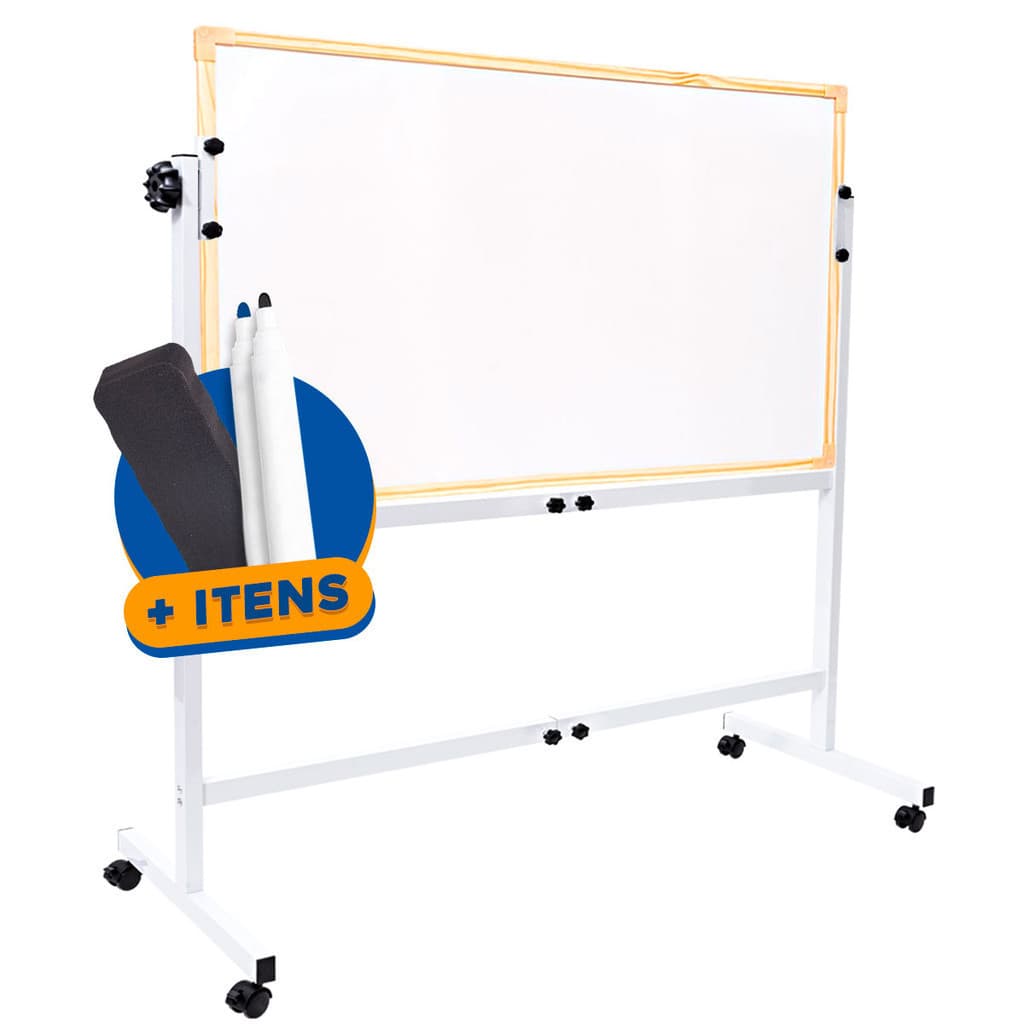 Suporte Cavalete de Rodas + Lousa Quadro Branco Grande 120x90 + 2 Marcadores + 1 Apagador Stalo