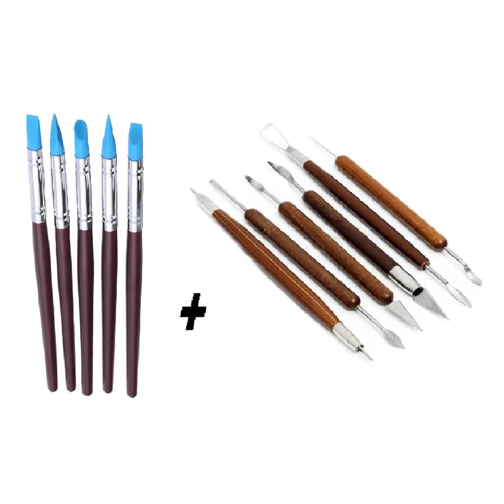 Kit 5 Estecas de Silicone + Kit 6 Peças Ferramenta de Modelagem Para Artesanatos Esculpir