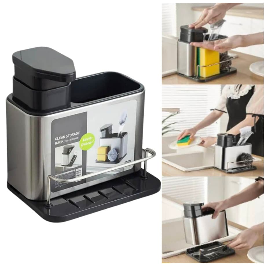 Organizador Aço Inox De Pia Suporte Para Esponja Com Porta Detergente Dispenser Sabão Cozinha
