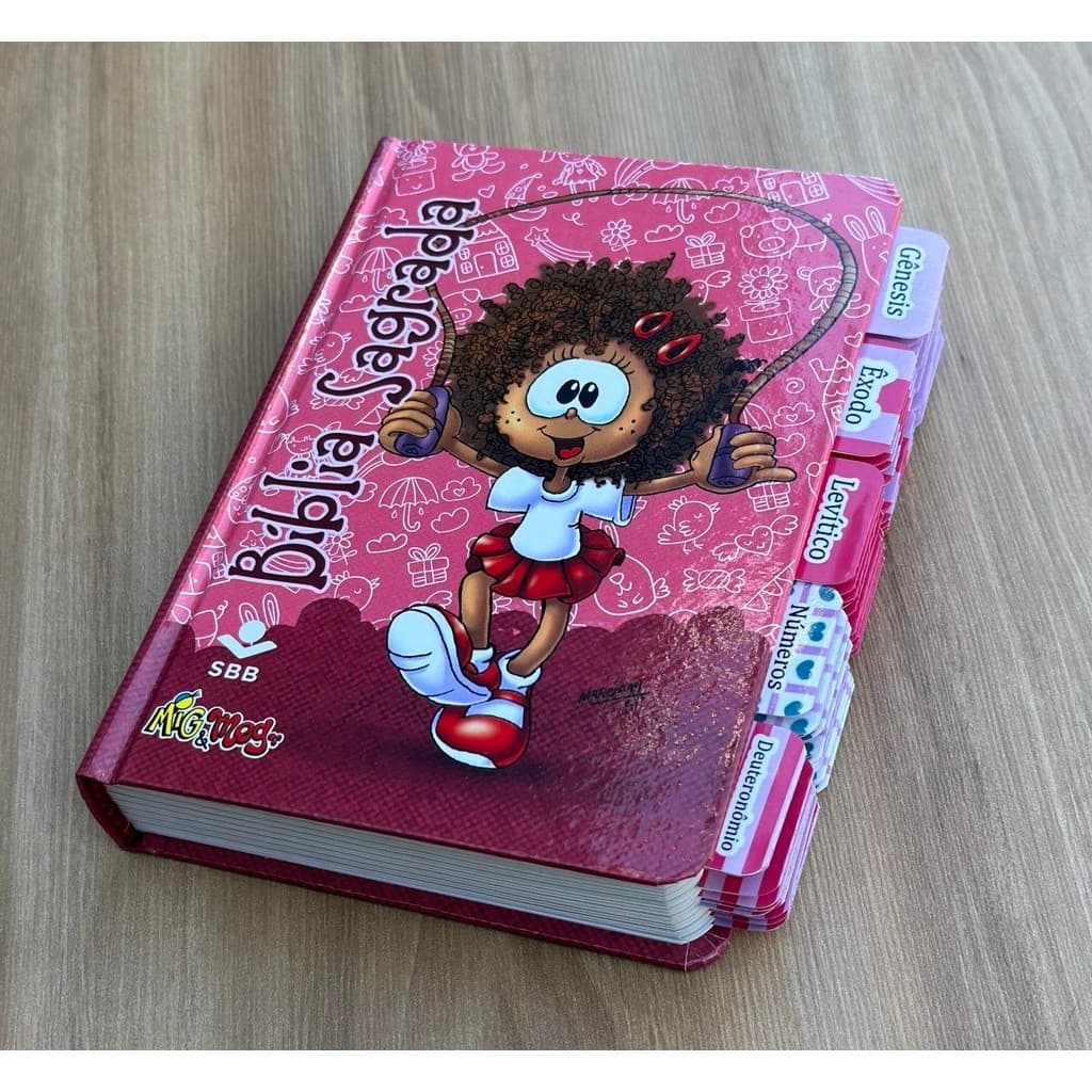 Bíblia Infantil Mig Meg Rosa Com abas adesivas coladas - NTLH