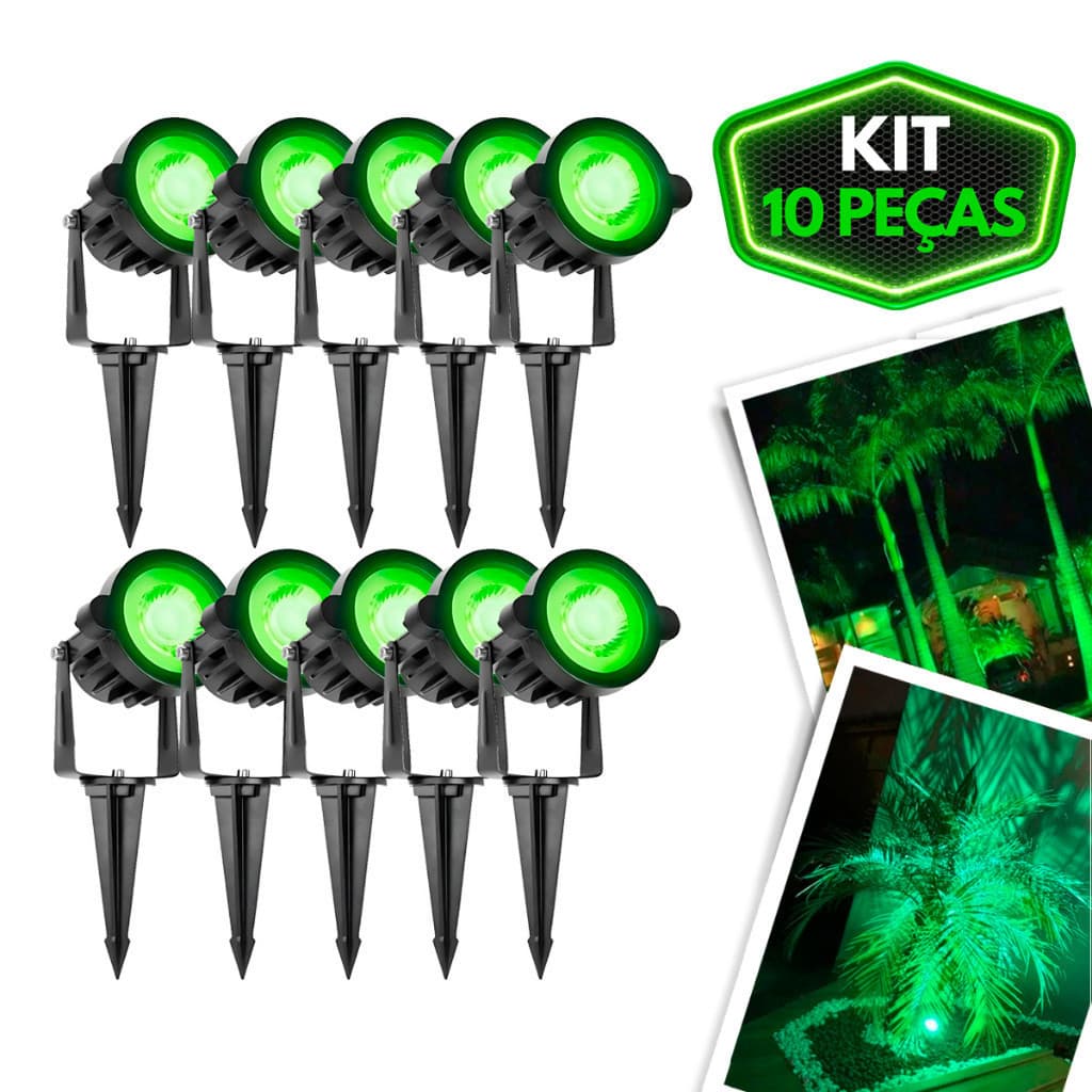 KIT 10 LUMINÁRIA ESPETO LUZ VERDE DE JARDIM COB LED 7W GRAMA QUINTAL  CONDOMINIO PRÉDIO