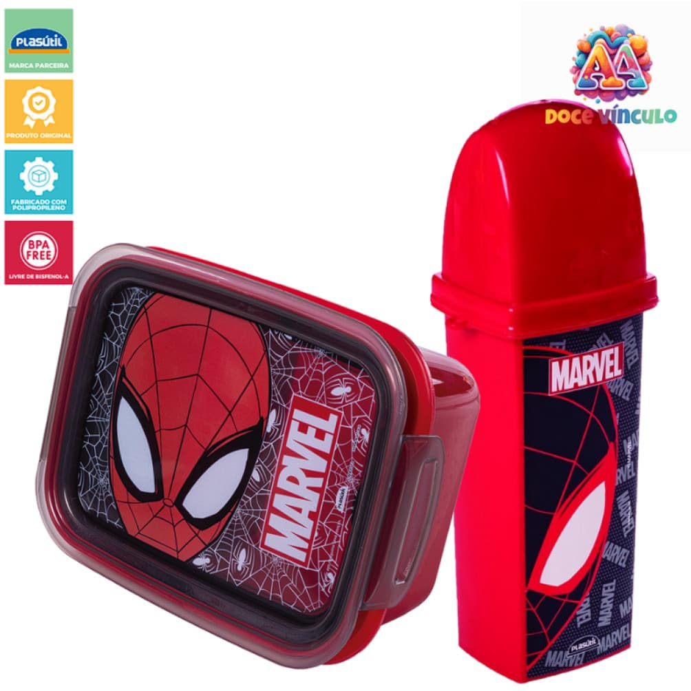 Lancheira Infantil Marmita Homem Aranha Com Tampa Hermética e Porta Escova Dentes Plasutil