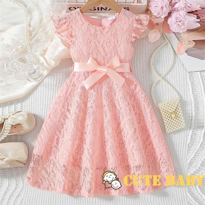 Eph-Vestido de Verão para Infantil Meninas, Vestido de Princesa de Renda de cor Sólida com Cinto,3-10 Anos