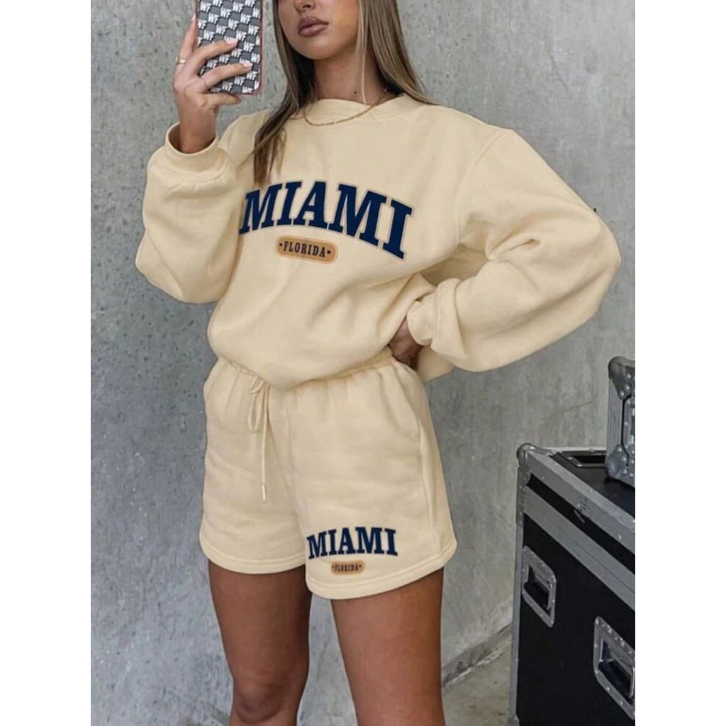 Conjunto blusa manga longa e short curto moletom Miami moda feminina confortavel flanelado coleção 2025