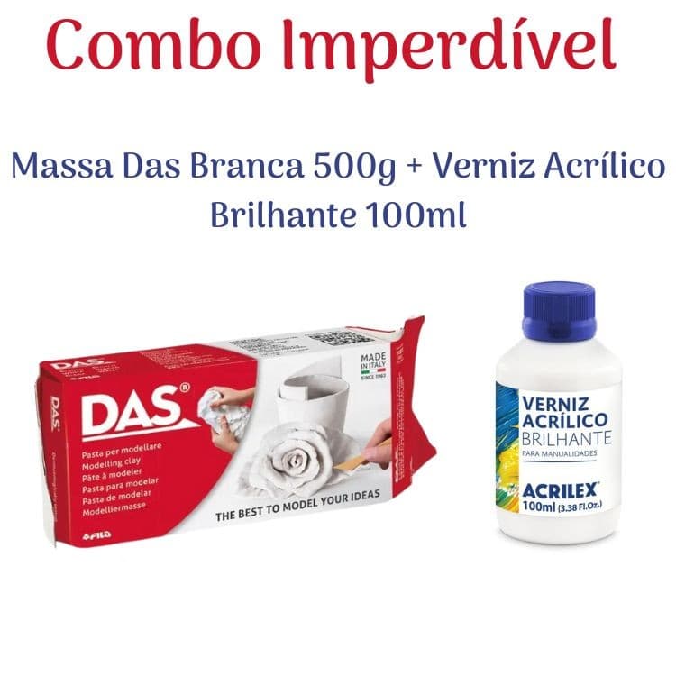 Kit - Massa Cerâmica Fria DAS Branca 500g + Verniz Acrílico Brilhante 100ml Acrilex