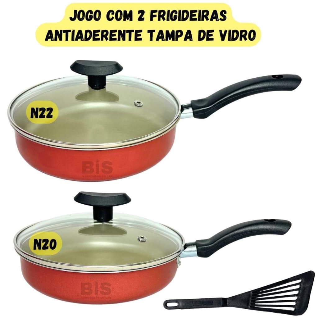 Jogo Com 2 Frigideiras Antiaderente Com Tampa De Vidro N20-22 Teflon Vermelho + Espatula