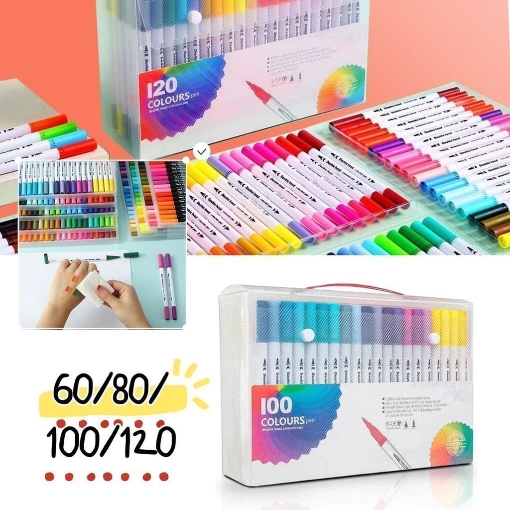 Kit60/80/100/120 Cores Caneta 2 em1 Brush Lettering e Ponta Fina Dual Pen Canetinha Colorir Desenho