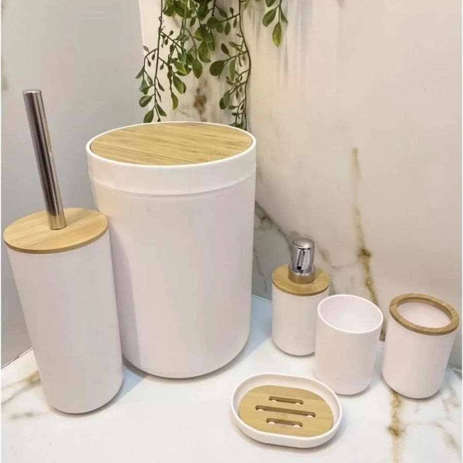 Oferta Conjunto De 6 Utensilios Para Banheiro Lixeira Saboneteira Porta escova Bambu