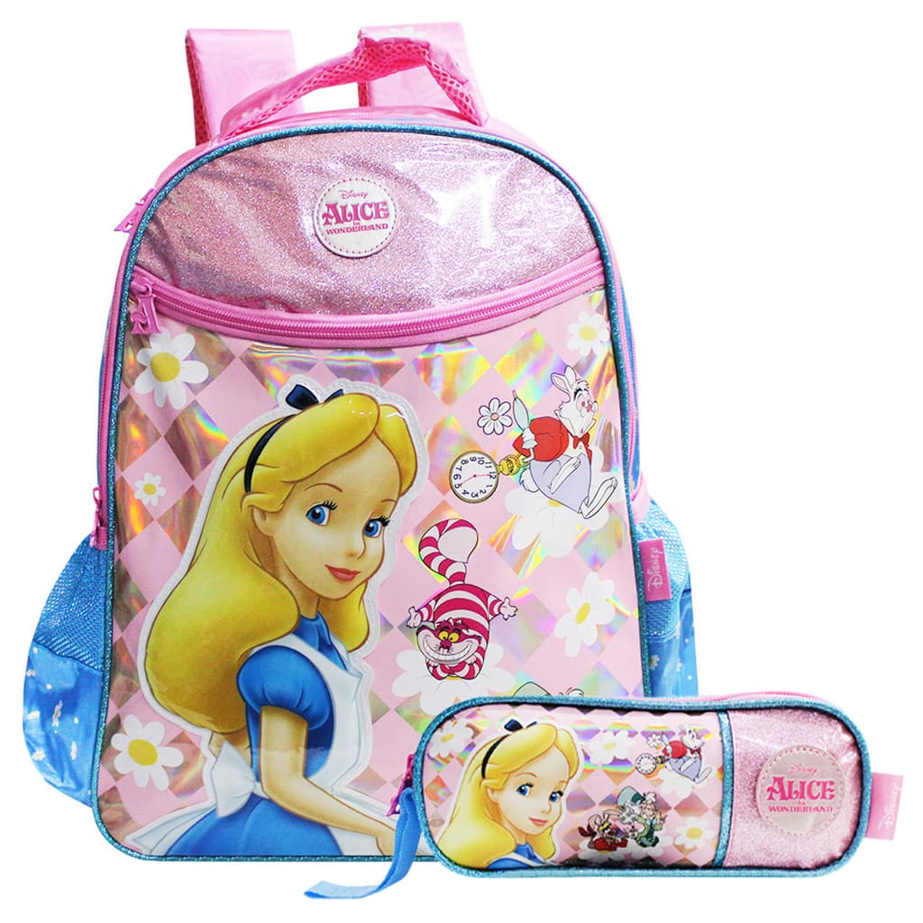 Kit Mochila Escolar Alice No País Das Maravilhas De Alças Com Estojo Dois Compartimentos Meninas Disney Infantil