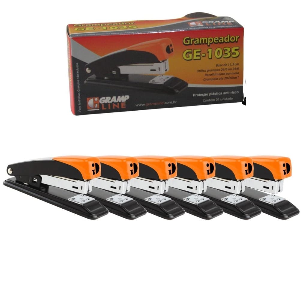 KIT 6 GRAMPEADORES PARA ESCRITÓRIO METAL GRAMPEIA ATÉ 20 FOLHAS GRAMPLINE 11CM