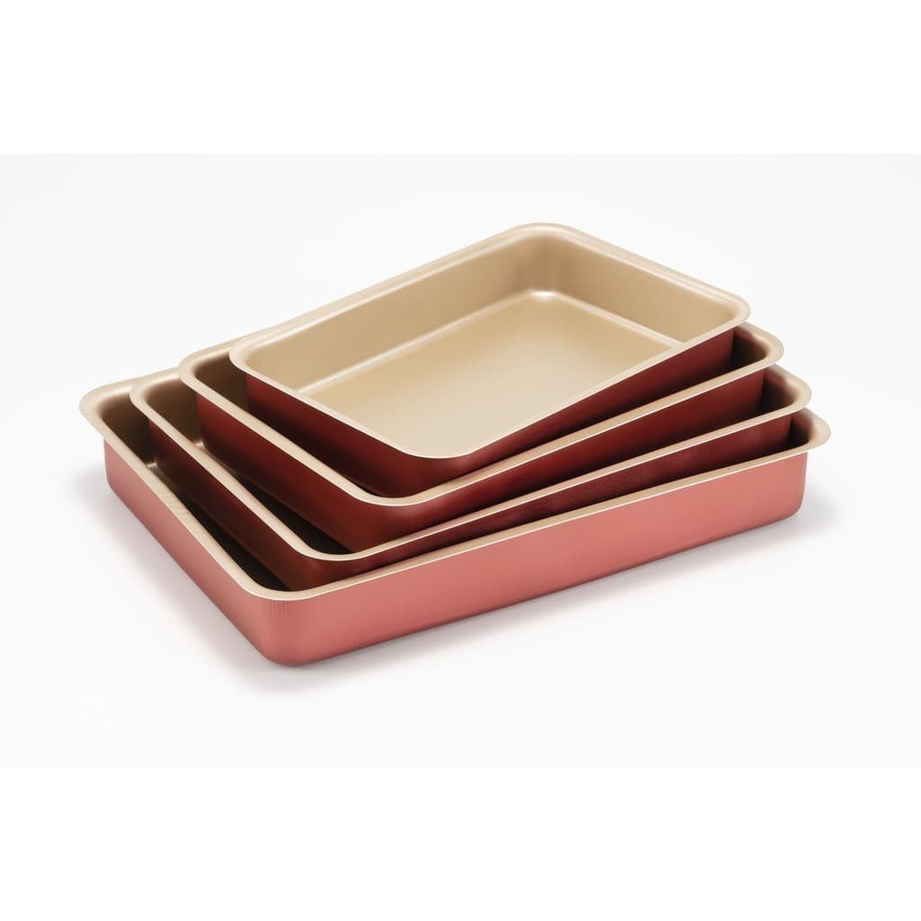 Jogo Conjunto de Assadeiras Tabuleiro Retangulares Altas 04 Peças - Aluminio Antiaderente Cereja - Receitas Não Grudam