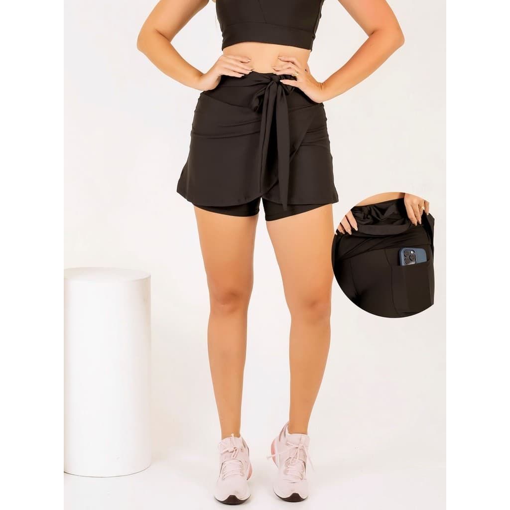 Short Saia Fitness Feminino Com Laço e Bolso Moda Evangélica Suplex Beach Tennis The Start