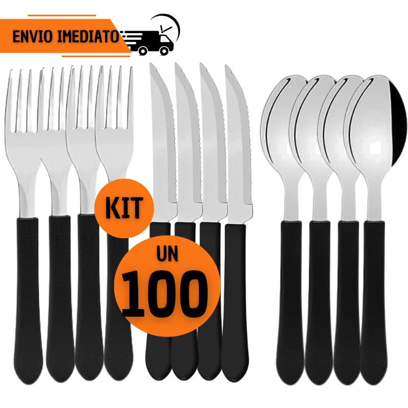 Kit 100 Talheres Inox Cabo Preto Garfo Faca Colher Refeições Bar Restaurante Jantar Almoço