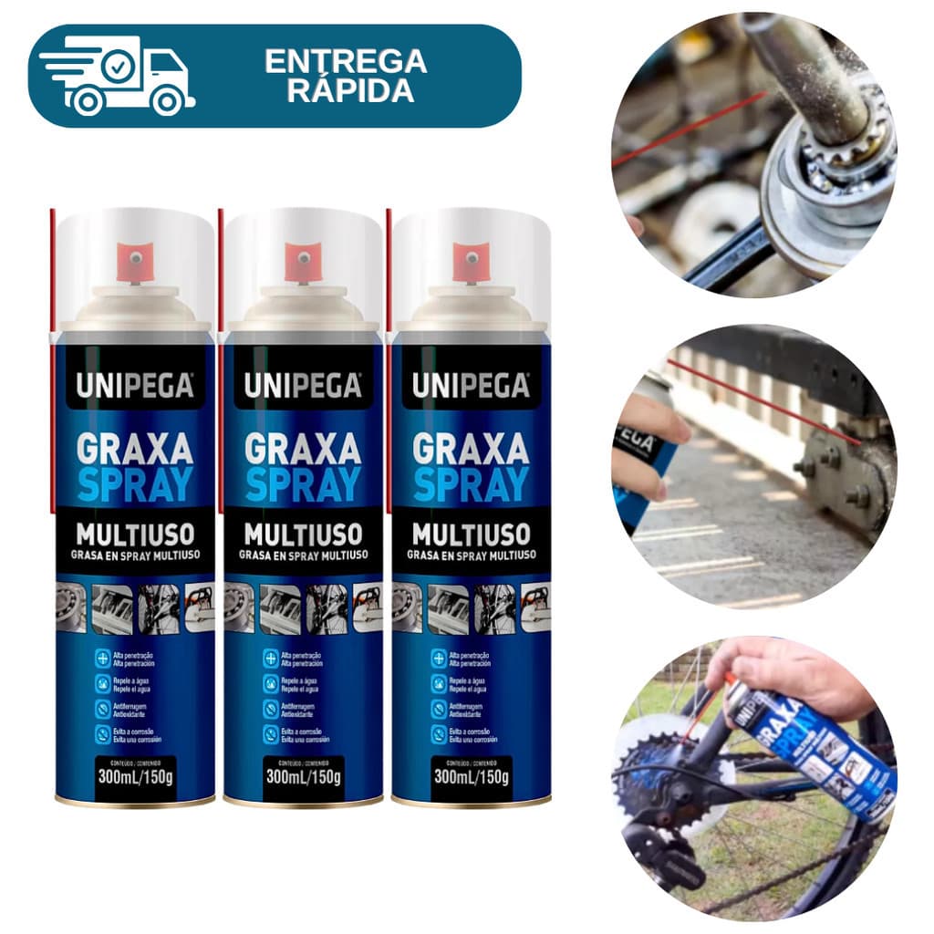 Kit 3 Graxa Spray Lubrificante Multiuso 300ml Unipega Bicicleta Moto Rolamento Trilho Engrenagem