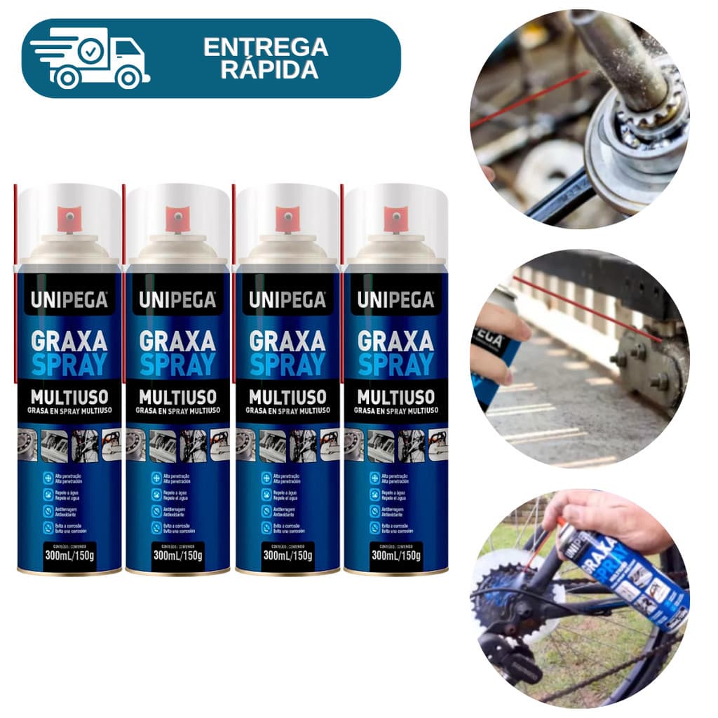 Kit 4 Graxa Spray Lubrificante Multiuso 300ml Unipega Bicicleta Moto Rolamento Trilho Engrenagem