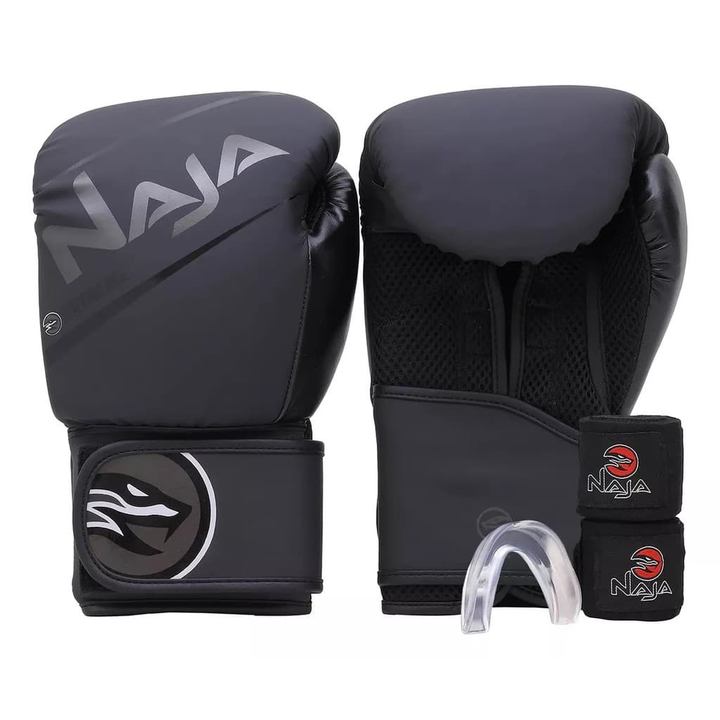 Kit Naja Extreme Boxe E Muay Thai Luva + Bandagem + Bucal - Preto/Preto
