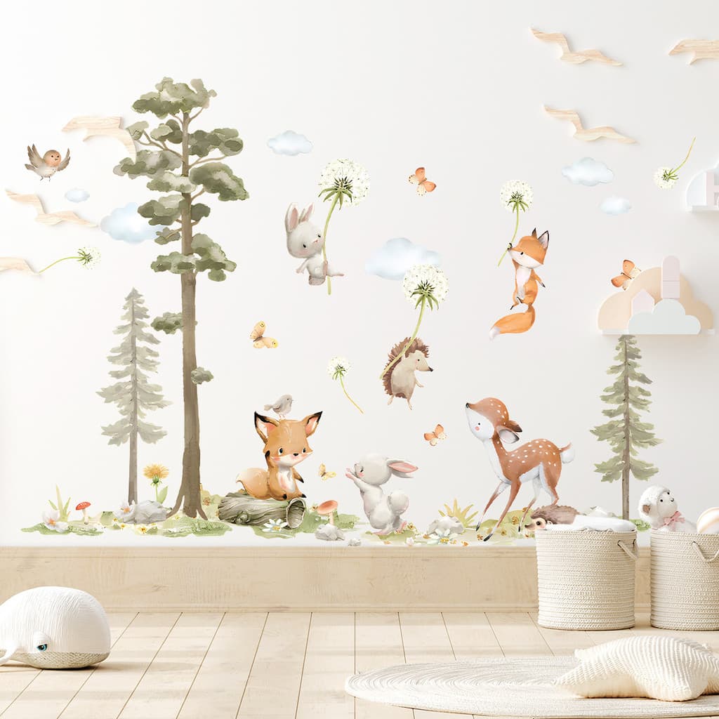 Adesivos de parede dos desenhos animados floresta grande árvore bonito pequeno Animal Dandelion auto-adesivo adesivos de