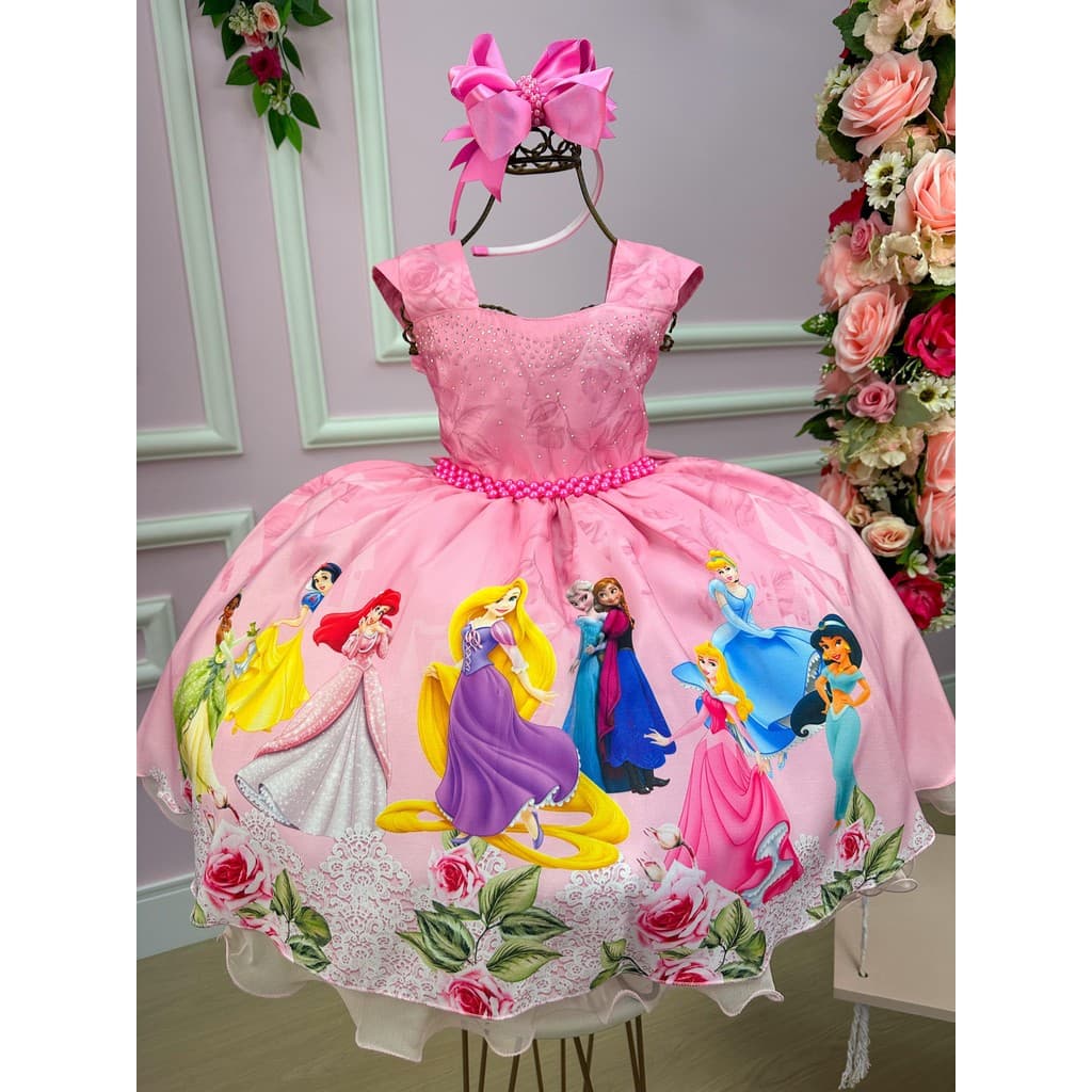 Vestido Juvenil Temáticos da Gigi Princesas Disney Rosa Festa Casual Menina Dia a Dia Feminino Verão Elegante Moda
