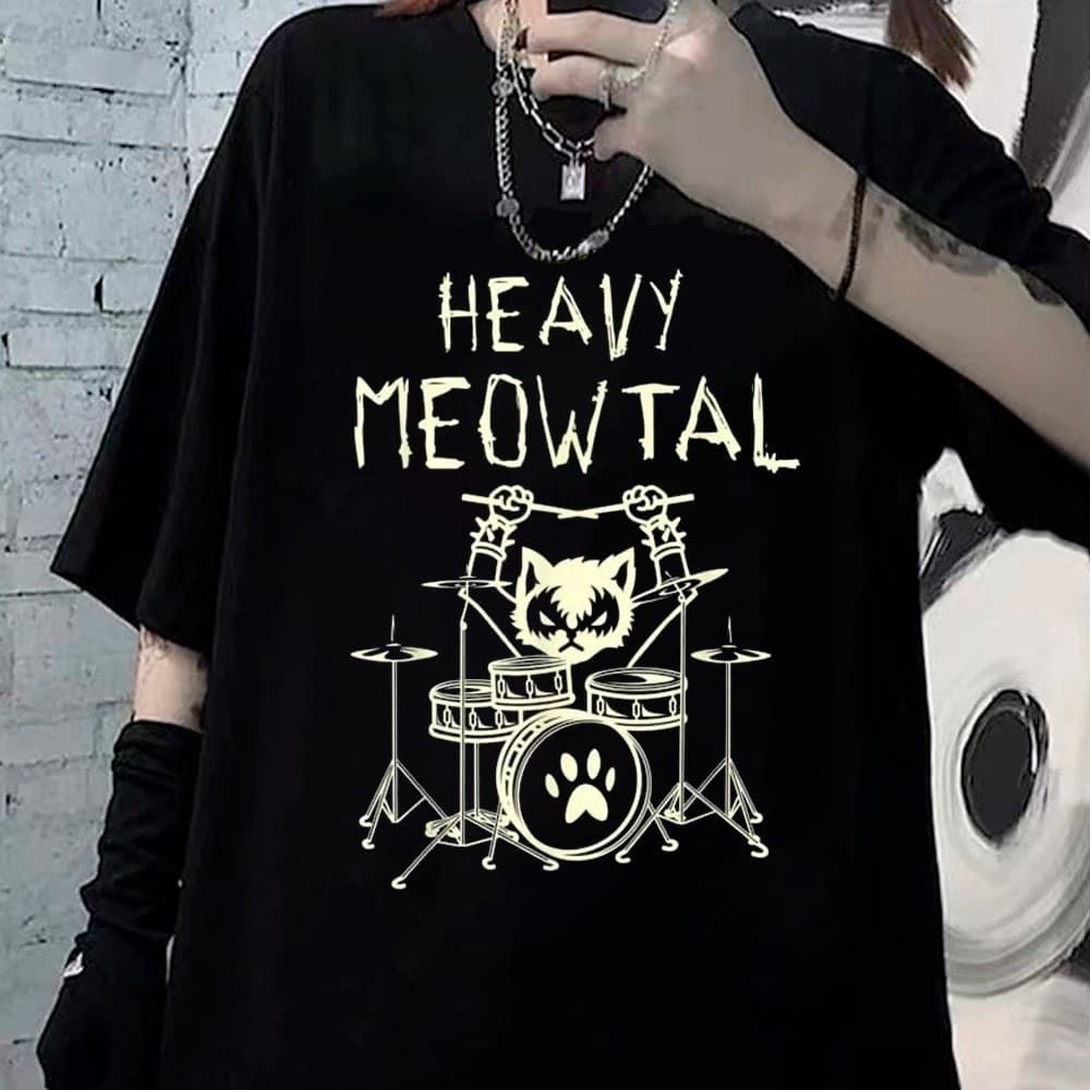 Camiseta Basica Camisa Heavy Meowtal CatGotico Rock Roll Unissex