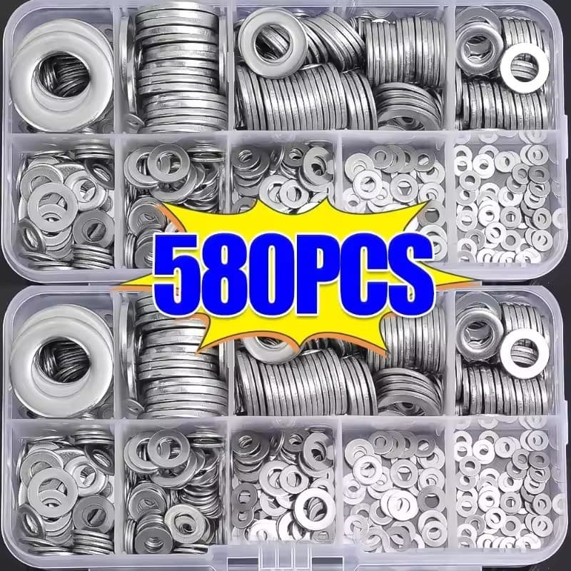 580 Unidades/Caixa Arruela Plana De Aço Inoxidável Ultrafina-Fixadores De Metal Kit De Sortimento De Anéis De Vedação Fe