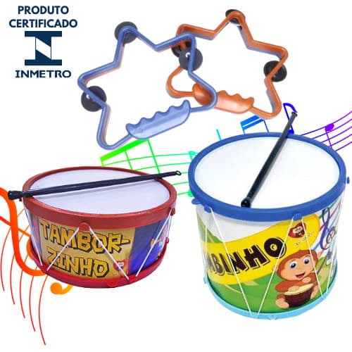 Kit Musical Brinquedos Educativo C/3 Instrumentos Tamborzinho Pandeiro Estrela Bumbinho Infantil