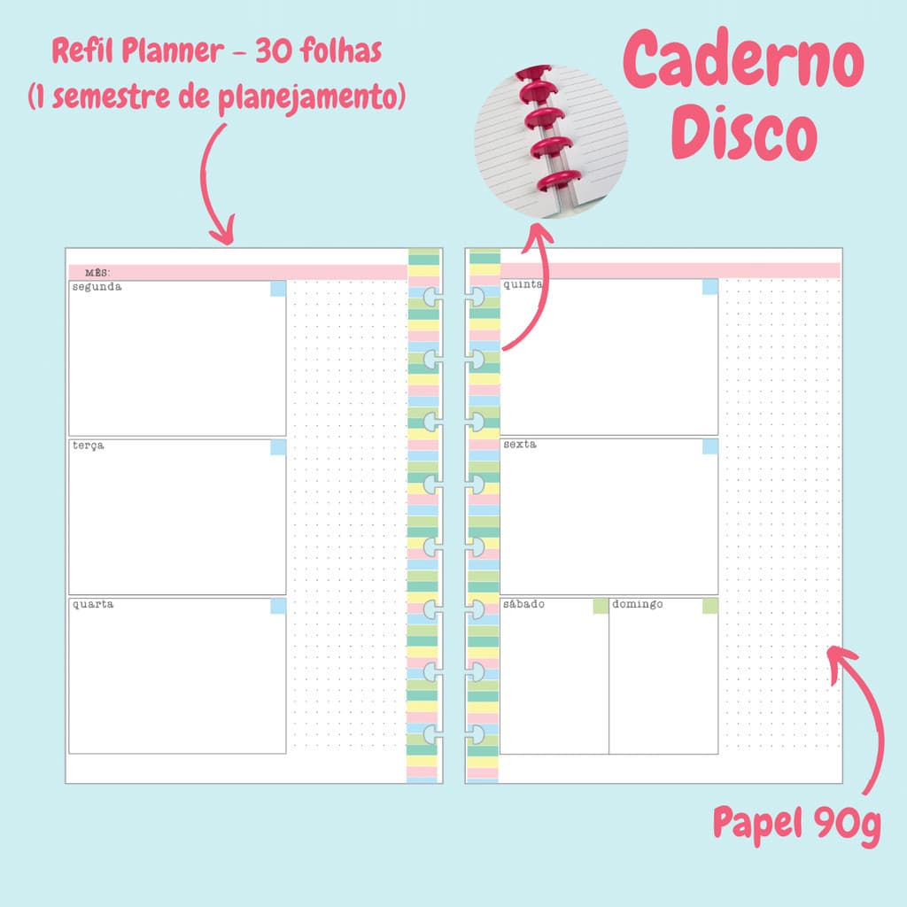 Refil Planner para Caderno de Disco (Caderno Inteligente) - 30 folhas (Semestral) - Pastel