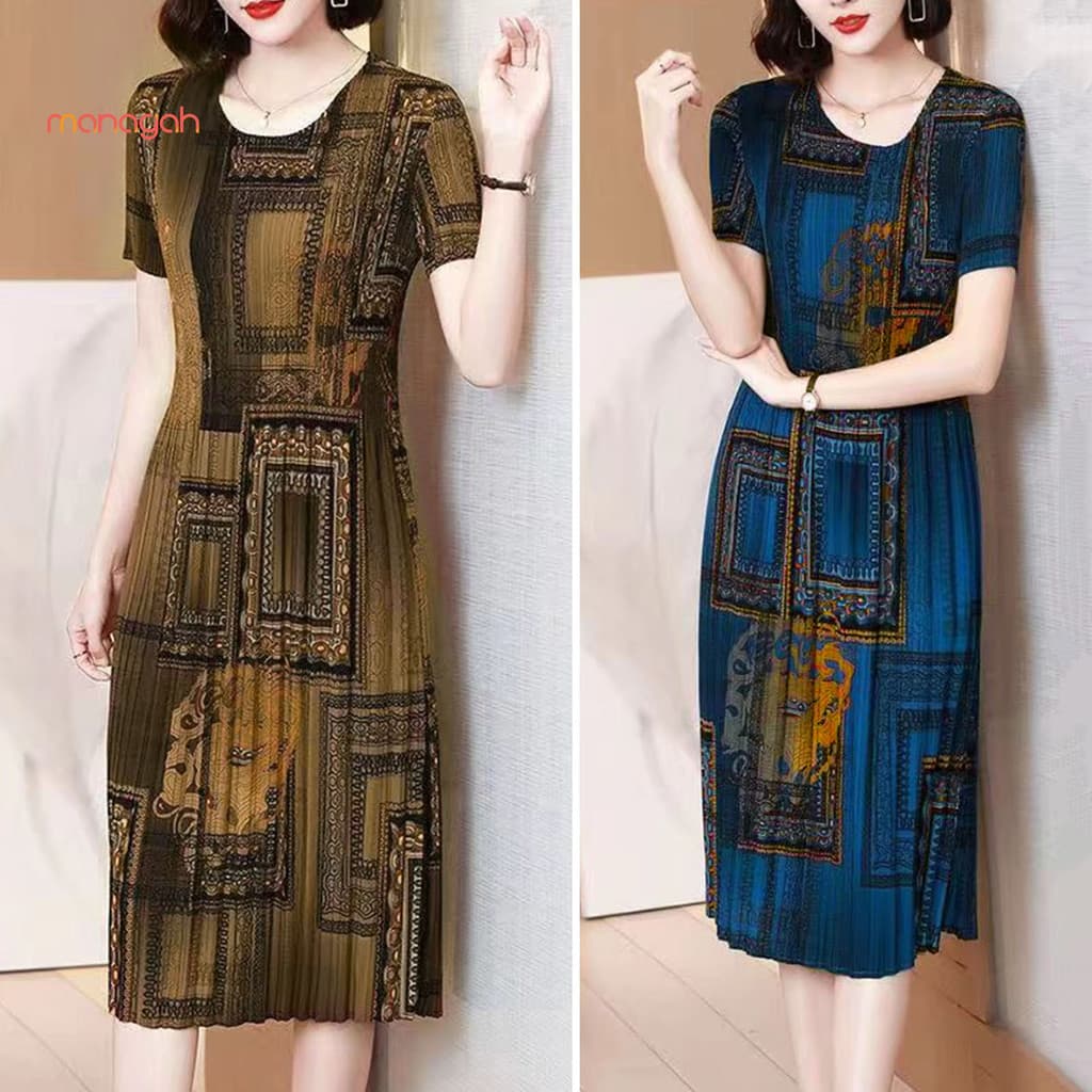 [MANAGAH] Vestido De Verão Feminino De Pescoço Redondo De Manga Curta Vintage Impressão Slim Fit Knee Length Pleated Mid-Age Women Office Prom Party Midi Dress