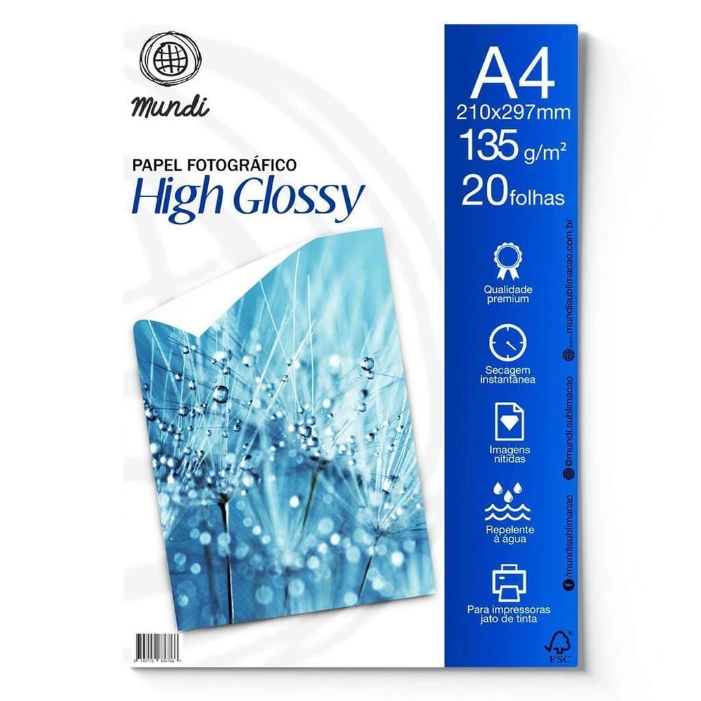 Papel Fotográfico Glossy (Brilho) A4 135g - 20 Folhas