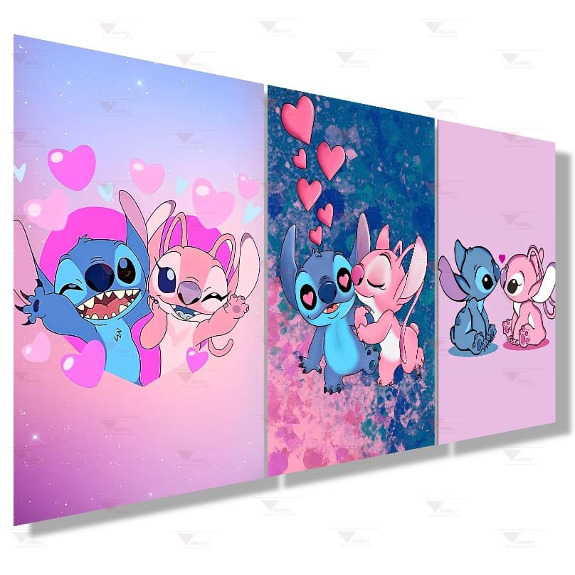 Kit 3 Quadros Grandes Stitch E Angel - Lilo Azul Rosa Excelente Qualidade