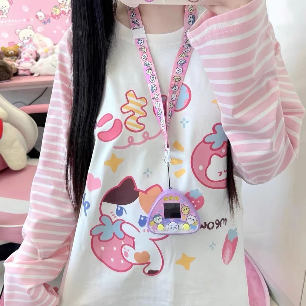 Camiseta Feminina Com Estampa Fofa De Manga Comprida Fashion Doce Rosa Tira